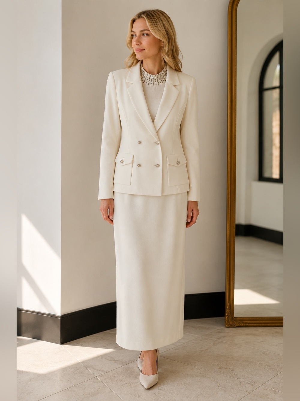 NWT Kasper Ivory 3-Piece Skirt Suit Beaded Shell Pearl Button Size 6